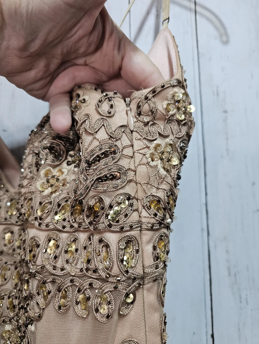 Sue Wong Nocturne Champagne Embroidered Beaded Drop Waist Dress Size 4 Lined. - Picture 7 of 13